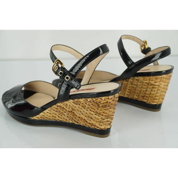 Prada Sport Black Patent Ankle Strap Woven Raffia Wedge Heel Sandals - Picture 5 of 12